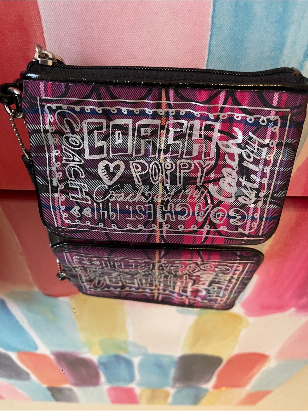 Coach Poppy Pink Plaid Signature Zip wristlet
